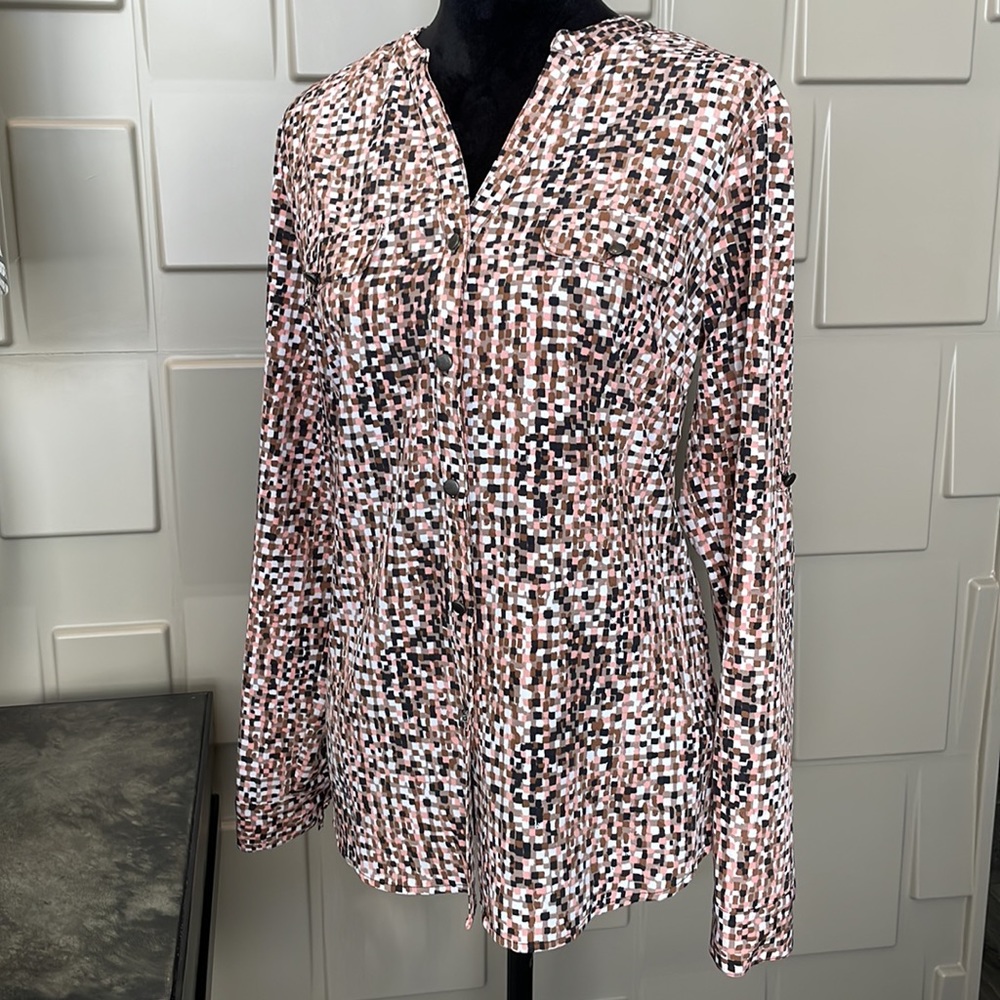 Laura Scott blouse top shirt peach white brown black long sleeve Size Small - Picture 2 of 8